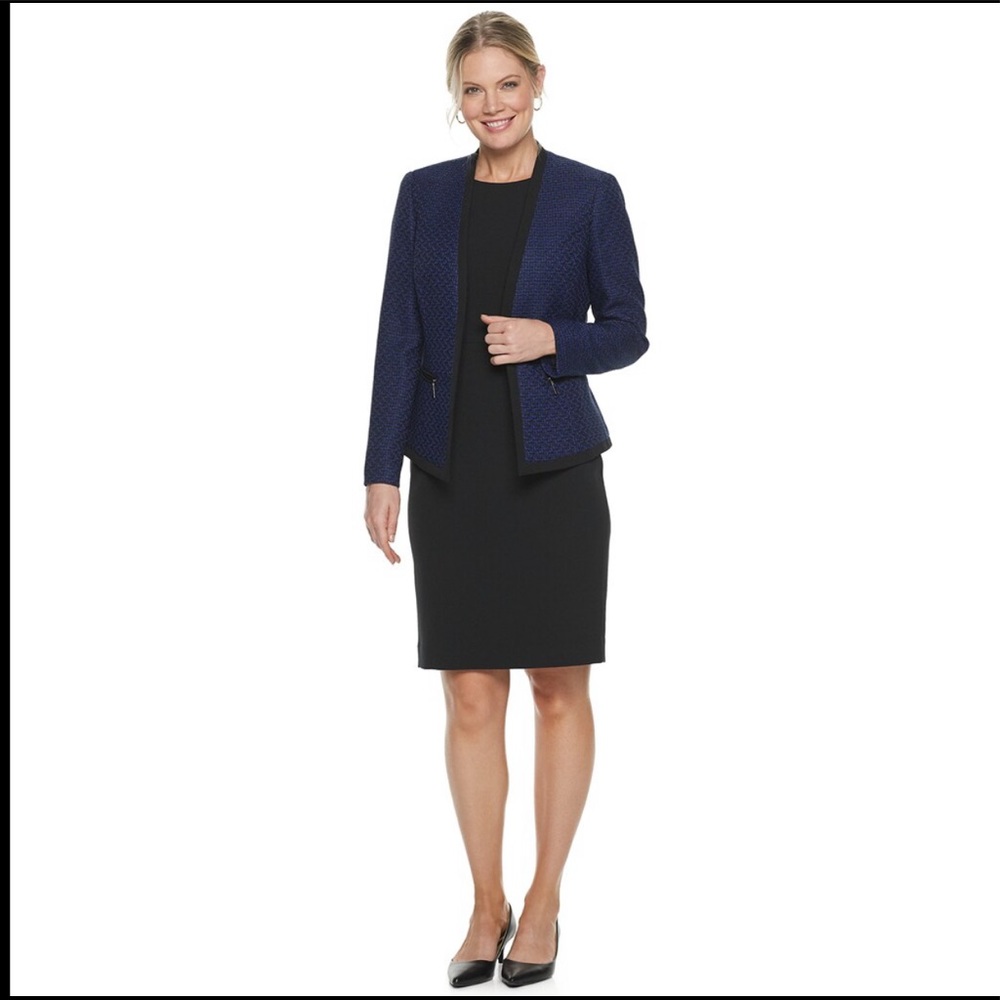 Women's Le Suit Open-Front Tweed Jacket & Sheath Dress Set Sapphire Black